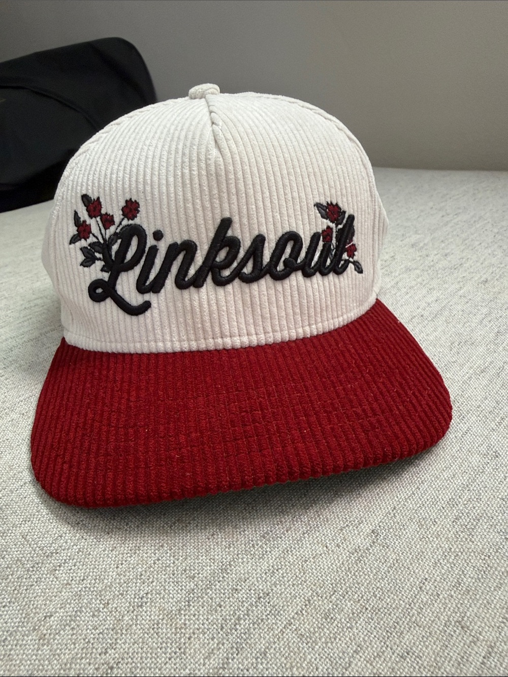 Linksoul Two-Tone Corduroy Cap in White & Red with Embroidered Logo